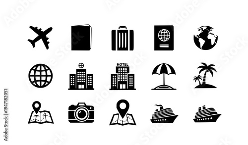Travel and vacation black icon set airplane suitcase passport tourism vector isolated on white