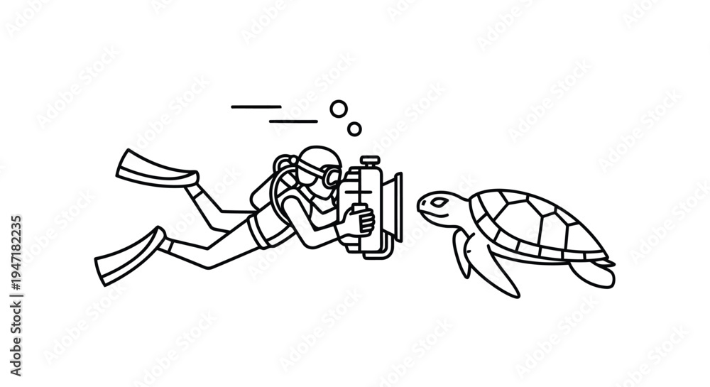Fototapeta premium Scuba diver photographing a sea turtle underwater in a minimalist line art style isolated on white background