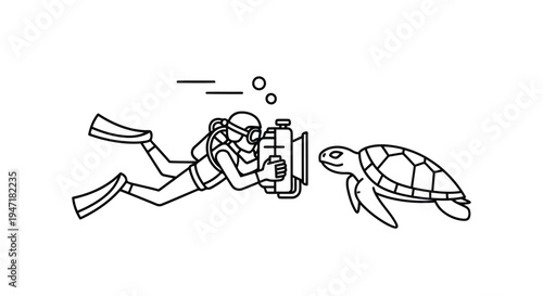 Scuba diver photographing a sea turtle underwater in a minimalist line art style isolated on white background
