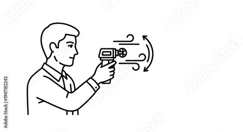 Man using handheld leaf blower in flat design style isolated on white background