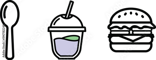 Spoon outline with takeaway smoothie and classic burger icons