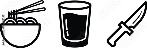 Noodle bowl with chopsticks glass of water and sharp knife icons
