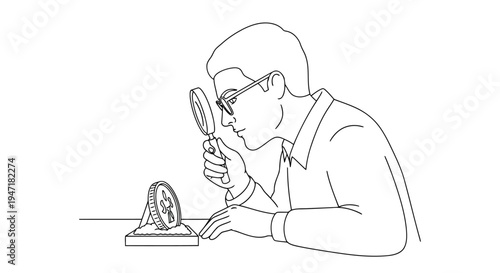 Man examines coin with magnifying glass on table in line art style isolated on white background