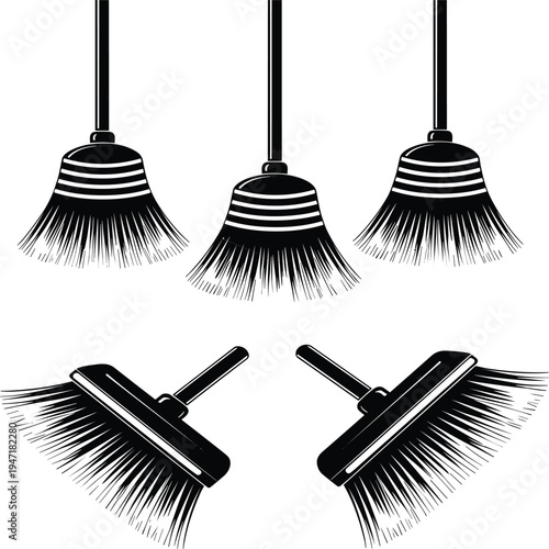 Broom and floor cleaning brush set, household cleaning equipment icons isolated vector illustration for housekeeping, janitor tools, sanitation and maintenance concept