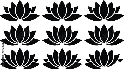 Grid of lotus flower silhouettes in stylized symmetrical patterns, ideal for decorative, spiritual, floral, or design reference themes.