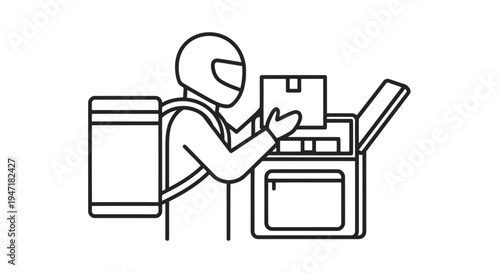 Delivery person putting package into mailbox with laptop on top flat design isolated on white background