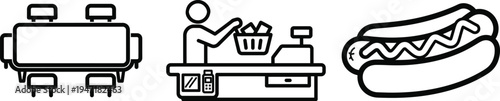 Dining table with chairs, cashier with shopping basket, and hot dog in bun with mustard