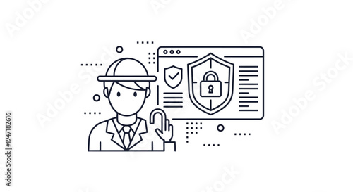 Man in suit and hat interacting with secure webpage on computer with shield and lock icon isolated on white background