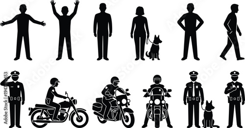 Black silhouette illustrations of human figures and police officers with motorcycles and dogs, ideal for signage, law enforcement, or educational design themes.