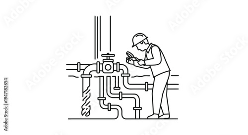 Man worker in hard hat working on industrial pipes system with tablet flat design isolated on white background
