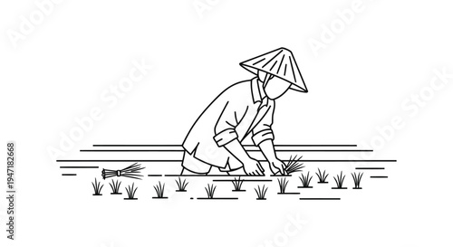 Asian farmer planting rice in field with conical hat flat illustration isolated on white background