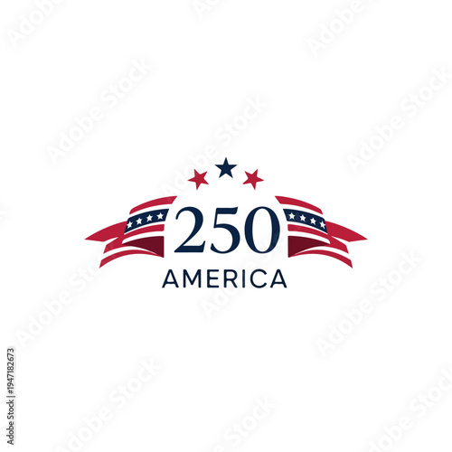 Graphic design featuring the number 250 and America with red, white, and blue stars and flags on a white background