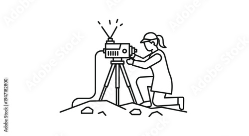 Woman operating a camera on a tripod outdoors in a minimalist flat illustration style isolated on white background