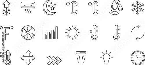 A collection of various weather icons displayed in a monochrome graphical interface style format Vector