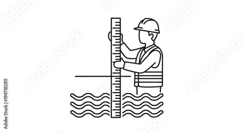 Man wearing hardhat measures water level with ruler in flooding, flat illustration isolated on white background