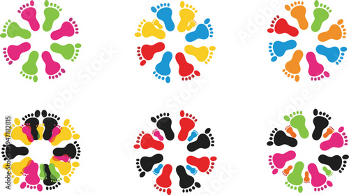 Colorful baby footprints circle icons set, children foot print logo collection, playful kids steps symbol vector, childcare daycare concept design