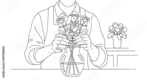 Person arranging roses in vase on table in minimalist flat design isolated on white background