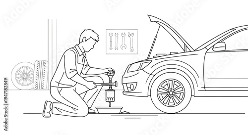 Mechanic repairing a car in a garage with tools and spare tire in the background, line art style isolated on white background