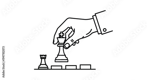 Hand moving chess king piece on board with rook in minimalist line art style isolated on white background