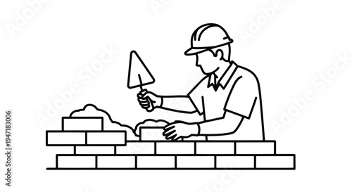 Man in hard hat building brick wall with trowel, flat vector construction illustration isolated on white background