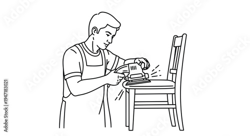 Man sanding chair with electric sander, woodworking project in progress, detailed line drawing isolated on white background