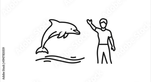 Man interacting with jumping dolphin in minimalist line art illustration isolated on white background