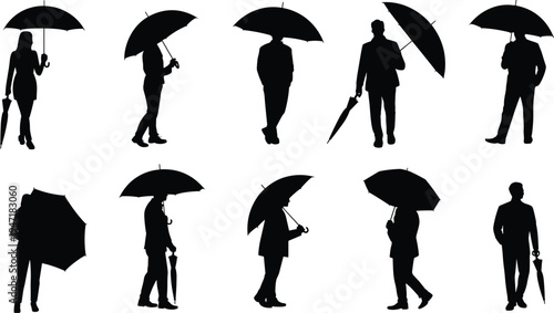 Silhouette people holding umbrellas in various poses, business and casual attire illustration, walking and standing figures, lifestyle design concept for rain protection, fashion, 