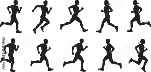 Silhouette people running in multiple poses, male and female figures illustration, athletic stride motion concept for sports, fitness, biomechanics, animation, and creative design projects