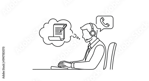Man wearing headset working on computer with thought bubble of document and phone icon isolated on white background