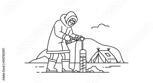 Person drilling ice with a portable ice auger in a winter landscape with a tent isolated on white background