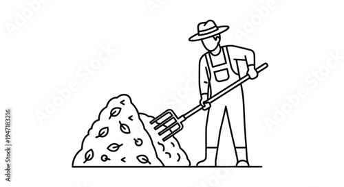 Man in overalls and hat raking leaves with a pitchfork on a pile outdoors in a flat illustration isolated on white background