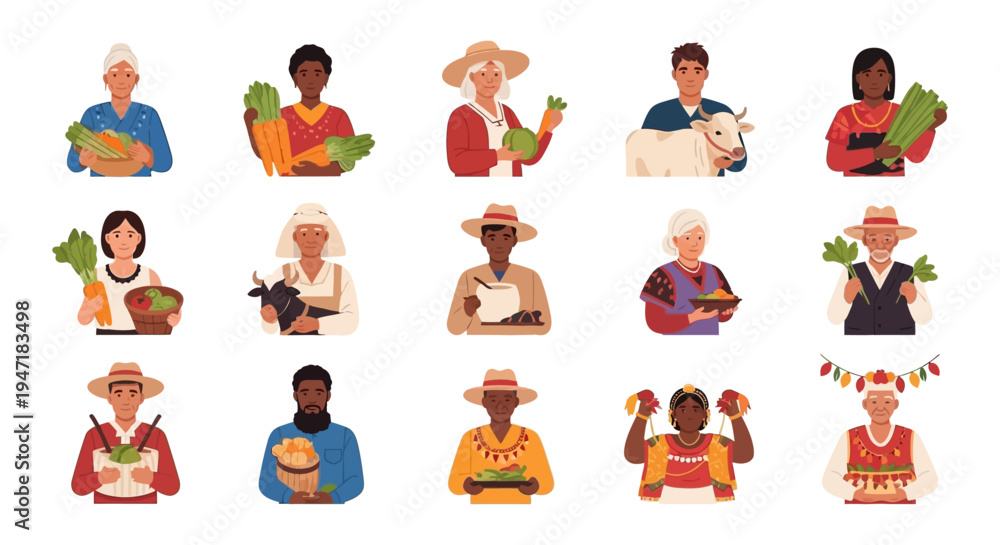 Fototapeta premium Multicultural Farmers Avatars Set. Diverse Agricultural Workers Holding Produce, Livestock, and Harvest. Vector Illustration Collection of Global Food Producers.