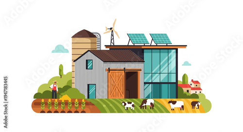 Modern Sustainable Farm Vector. Smart Agriculture with Solar Panels, Windmill, Barn, Farmer, and Cattle. Green Tech Farming.