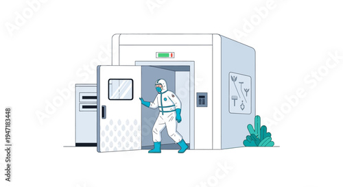Biotechnician in Hazmat Suit Entering a Controlled Environment Cleanroom or Advanced Vertical Farming Facility.