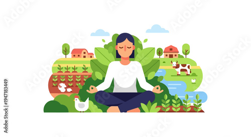 Woman Meditating in Nature on a Farm, Practicing Mindfulness and Wellness. Flat Vector Illustration of Sustainable Living and Organic Agriculture.