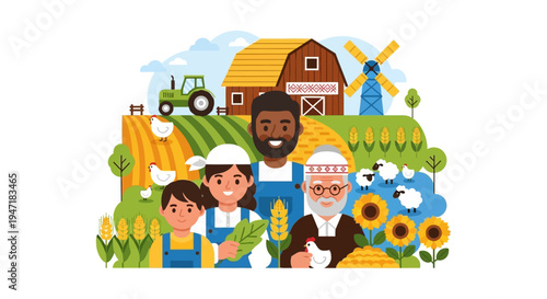 Diverse Farm Family Portrait: Multi-Generational Farmers, Barn, Tractor, and Livestock on a Rural Agricultural Landscape. Flat Vector Illustration.