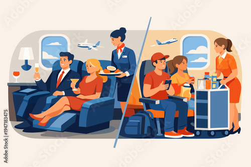 Comparison of First Class and Economy Class Air Travel Experience with Passengers and Flight Attendants in an Airplane Cabin, Flat Vector Illustration of Luxury vs Low Cost Airline Services.