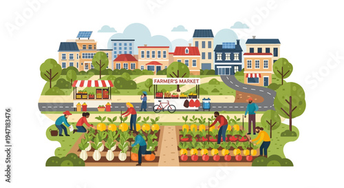 Urban Farming, Community Garden, and Farmer's Market. Sustainable city agriculture scene with diverse people harvesting and selling fresh local produce.