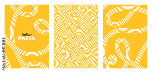 Italian Pasta poster set. Abstract wave yellow spaghetti lines. Noodle ramen pattern backgrounds. Italian food. Modern design for print. Vector illustration art