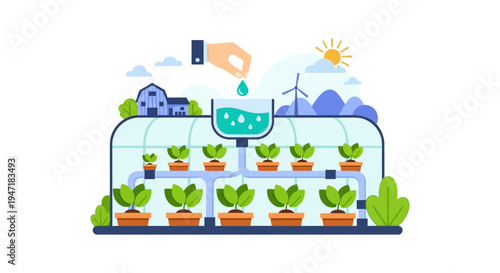 Smart Farming Greenhouse Irrigation System Illustration. Sustainable Agriculture and Water Management Concept.