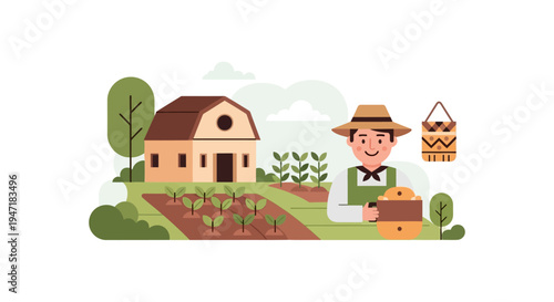 Smiling Farmer Harvesting Crops on Rural Farm Landscape. Flat Vector Illustration of Agriculture and Sustainable Food Production.