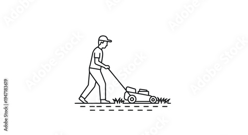 Man pushing lawn mower in flat illustration style isolated on white background