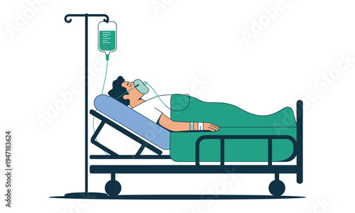 Vector illustration of a patient in hospital bed with IV drip