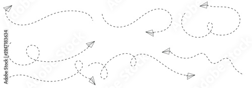 Paper airplane flying with a dashed path hand-drawn doodle aeroplane. flight path icon collection. paper areoplane route.  Paper areoplane with dotted flight path isolated on a white background.