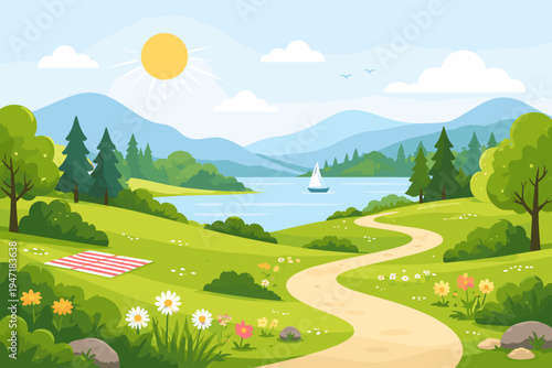 A beautiful flat vector illustration of a scenic summer landscape featuring a calm lake with a sailboat, rolling green hills, a winding path, a picnic blanket, and distant blue mountains.