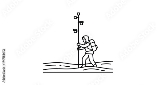 Astronaut installing equipment on Mars surface in flat illustration style isolated on white background