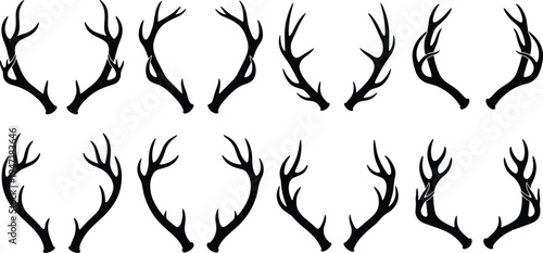 Deer antlers silhouette collection, stag horn vector set, black wildlife design elements, hunting trophy horns illustration, forest animal antler shapes bundle