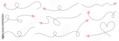 Colourful, fun paper plane with dotted line. Hand-drawn doodle aeroplane. flights paths icon collection. paper aeroplane route. Paper aeroplane with dashed flight path. 