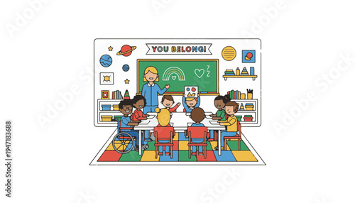 Inclusive classroom scene vector illustration showing diverse children and teacher for educational equity and back to school season