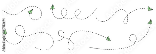 Colourful, fun paper plane with dotted line. Hand-drawn doodle aeroplane. flights paths icon collection. paper aeroplane route. Paper aeroplane with dashed flight path. 
